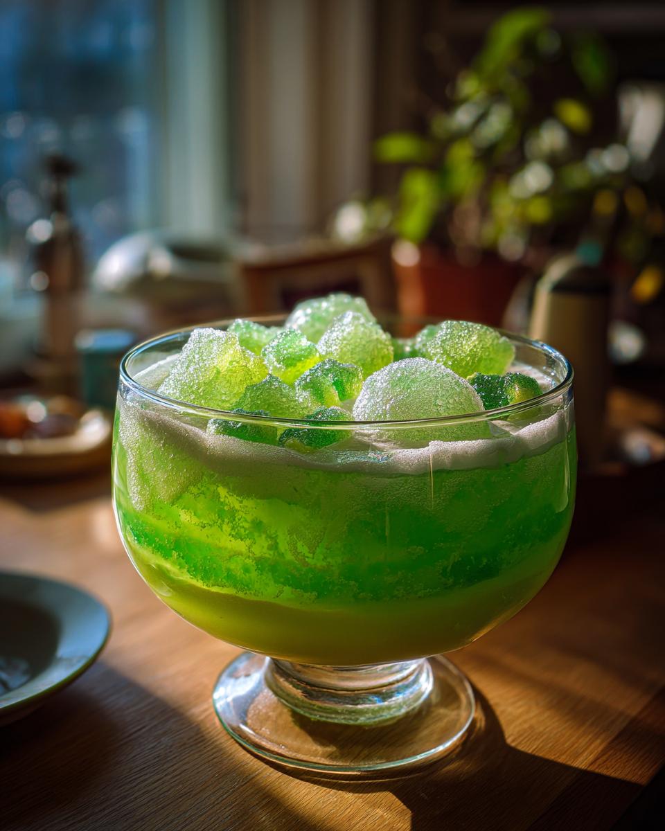 A large glass bowl filled with green scary halloween punch drink and ice, sitting on a wooden table.