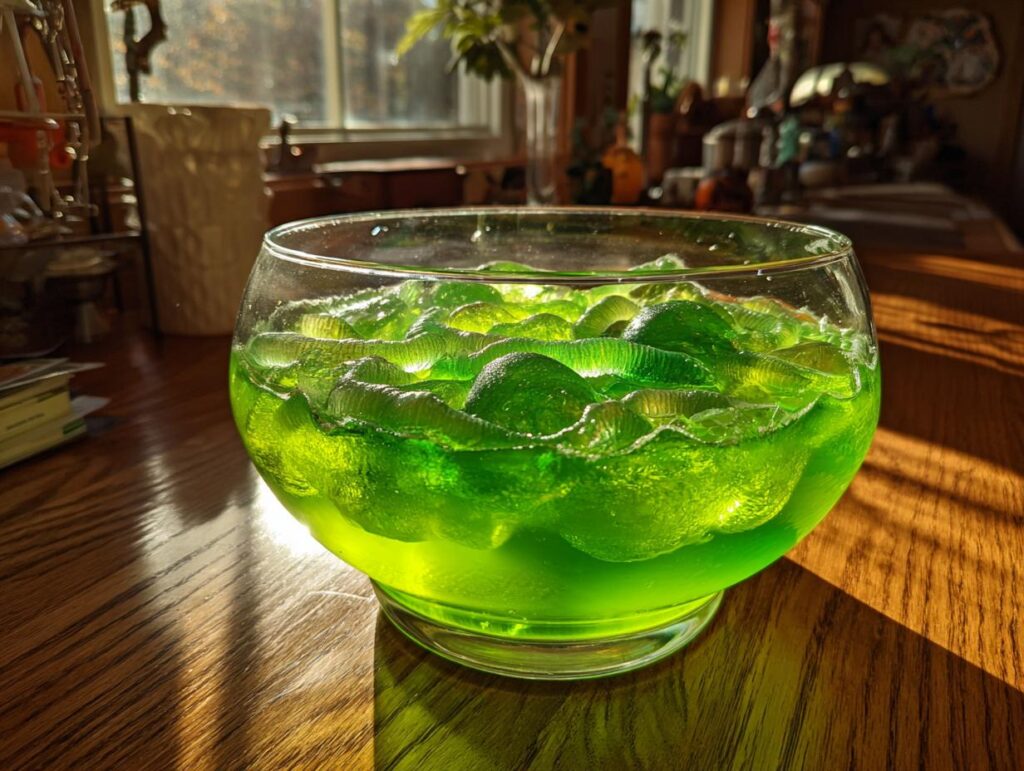 A bowl of scary Halloween punch drink with green liquid and a textured, jelly-like topping.