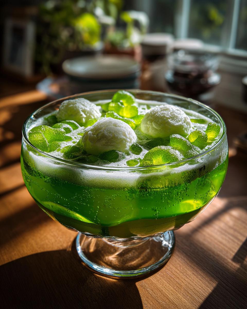 A bowl of bright green scary halloween punch drink with ice cream scoops and green candies.