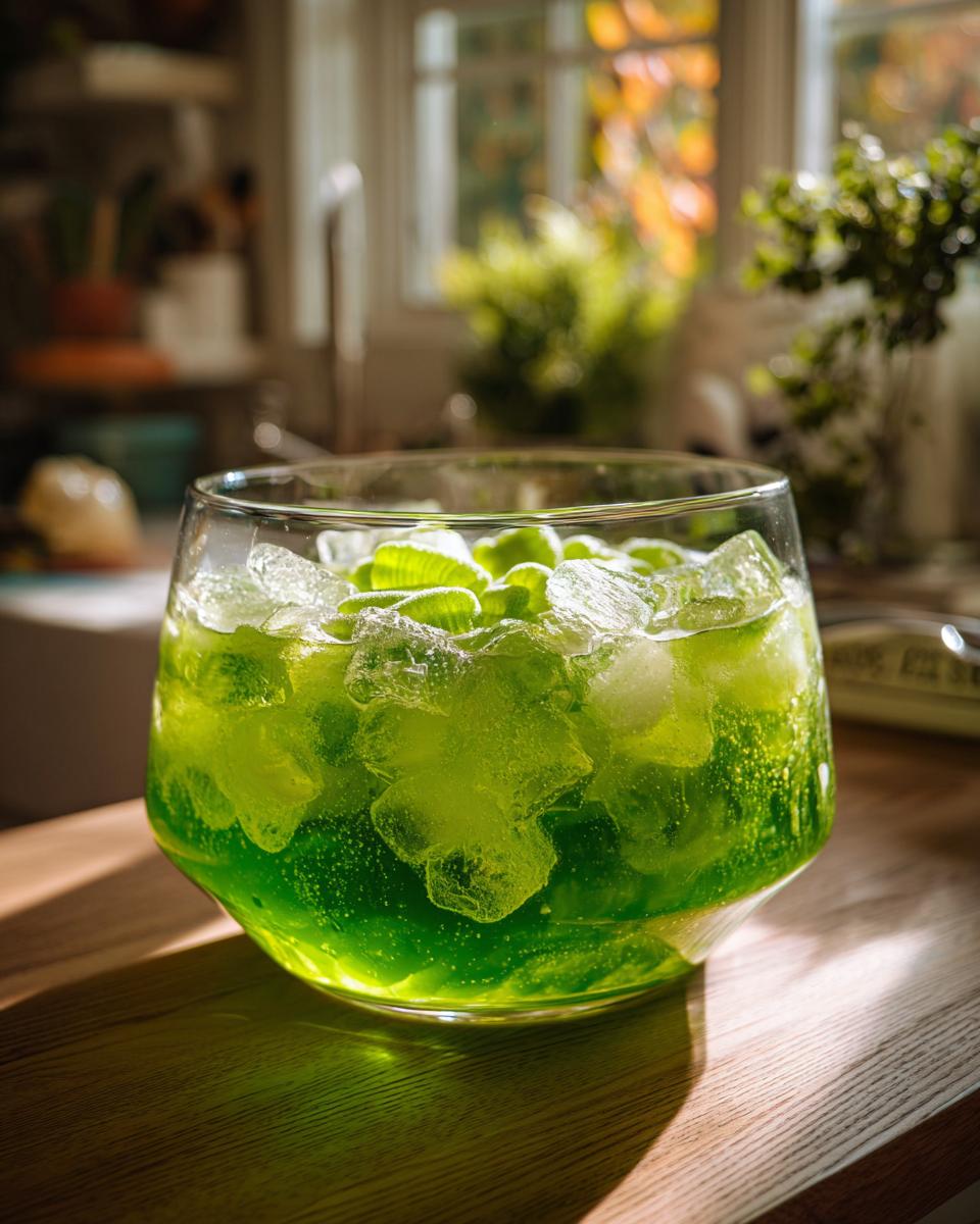 Glass of green scary halloween punch drink with ice cubes, sitting on a wooden surface.