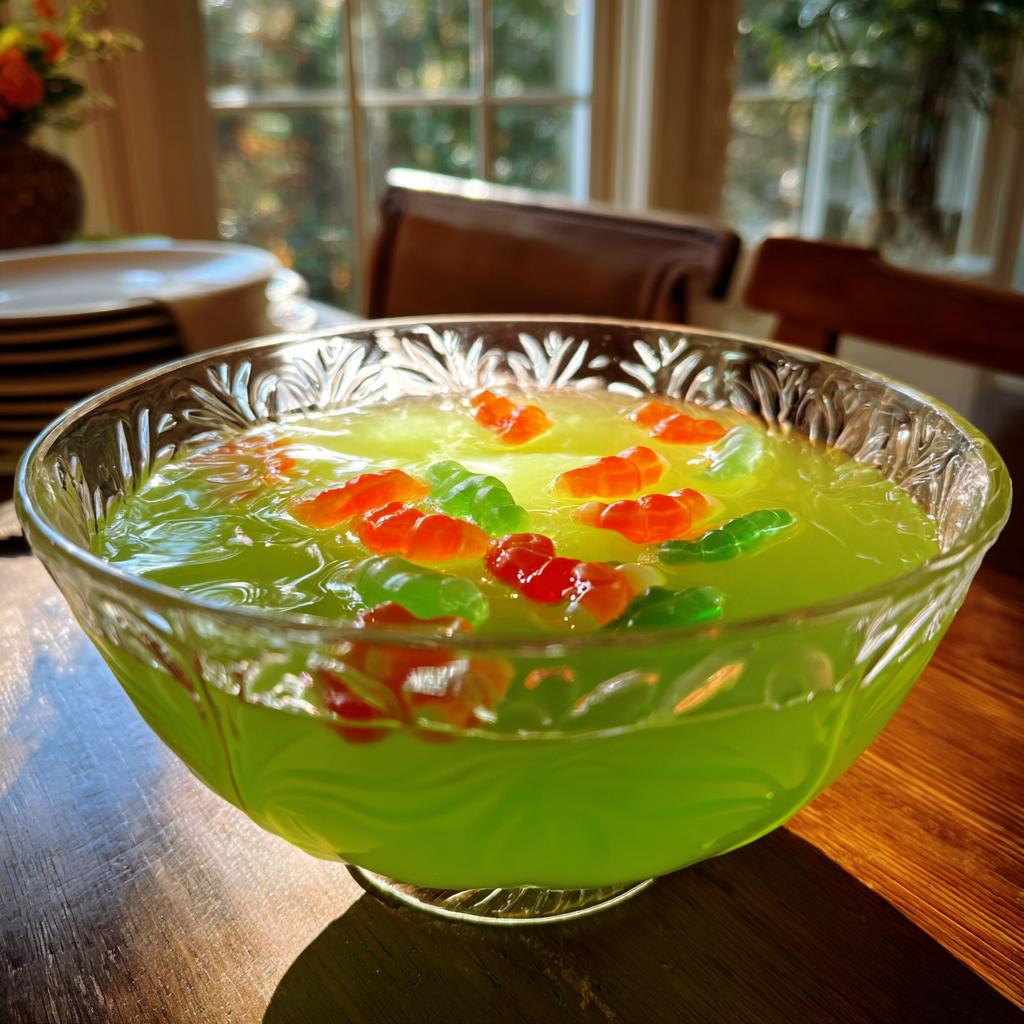 Bowl of scary halloween punch drink, a vibrant green color, garnished with gummy worms.