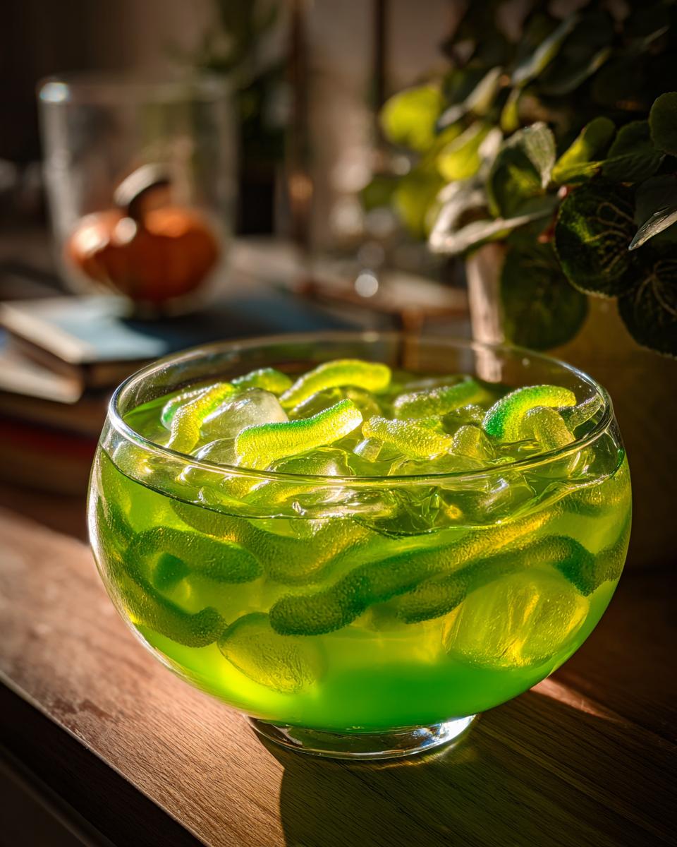 A bowl of scary halloween punch drink with green liquid, ice, and gummy worms for a spooky party.