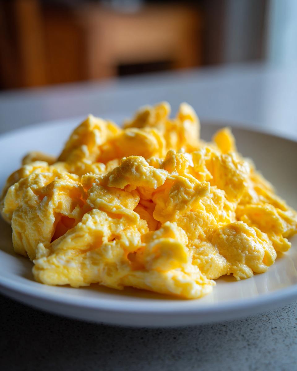 A plate of fluffy, golden scrambled eggs, perfect for quick breakfast recipes.