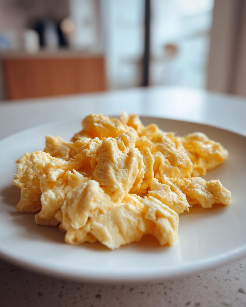 Close-up of fluffy scrambled eggs on a white plate, perfect for quick breakfast recipes.
