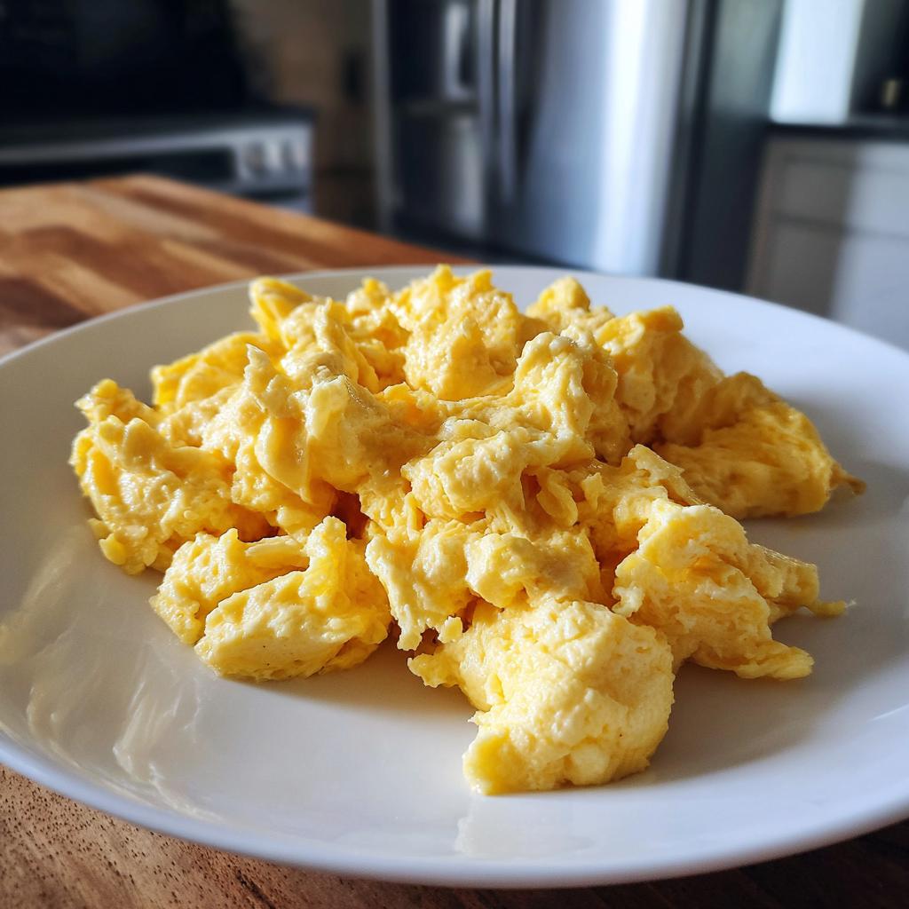 A plate of fluffy scrambled eggs, a perfect option for quick breakfast recipes.