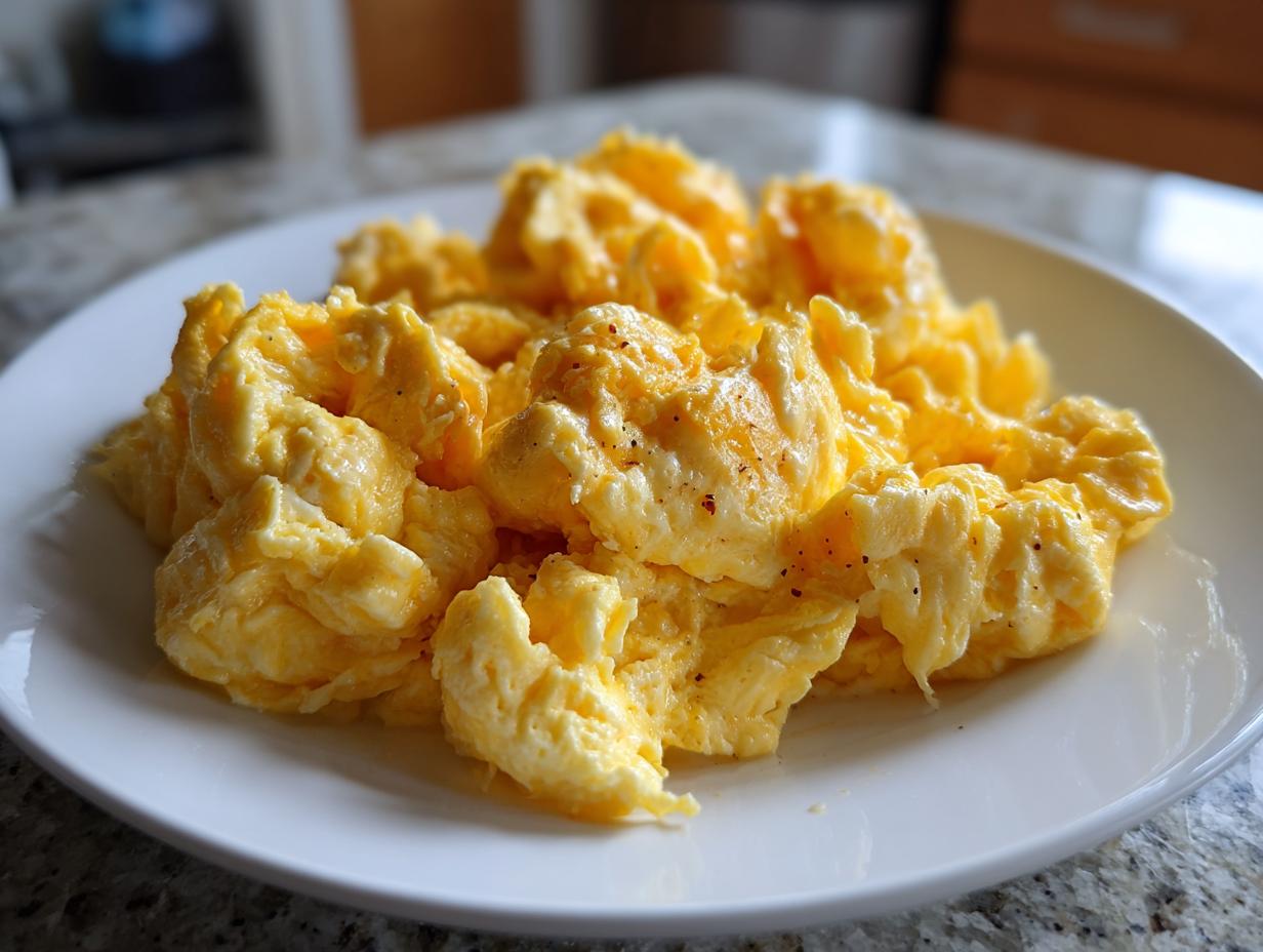 A plate of fluffy scrambled eggs, perfect for quick breakfast recipes. Golden yellow and lightly seasoned.