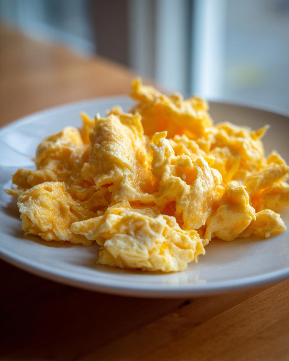 A plate of fluffy scrambled eggs, perfect for quick breakfast recipes. Simple and delicious.