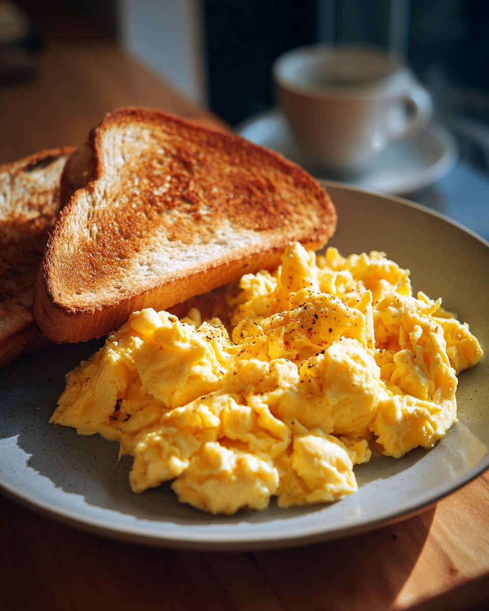 A plate of scrambled eggs and toast, showcasing one of our easy breakfast recipes. A cup of coffee is in the background.