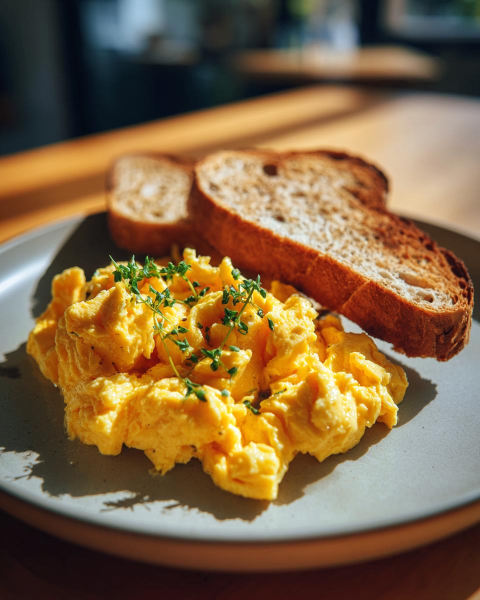 Plate of fluffy scrambled eggs garnished with herbs, served with two slices of toast. Part of Easy Breakfast Recipes.