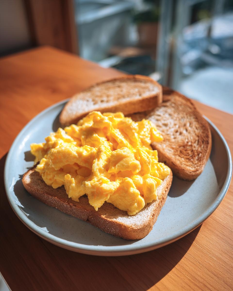 Plate of scrambled eggs on toast, a simple and delicious option for easy breakfast recipes.