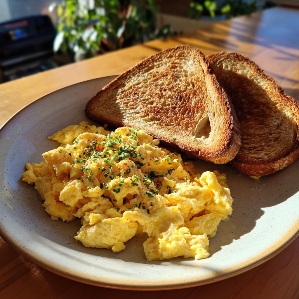 A plate of scrambled eggs with chives and toast, perfect for easy breakfast recipes.