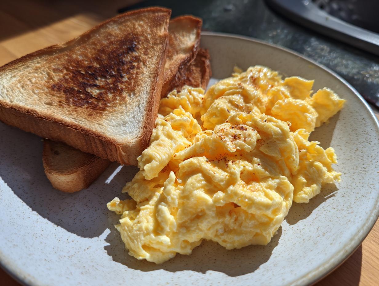 A plate of fluffy scrambled eggs and golden toast, perfect for easy breakfast recipes.