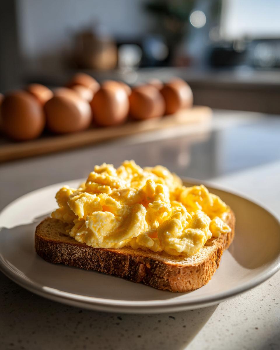 Scrambled eggs on toast, a simple and delicious option for Quick Breakfast Recipes. Eggs and toast on a plate.