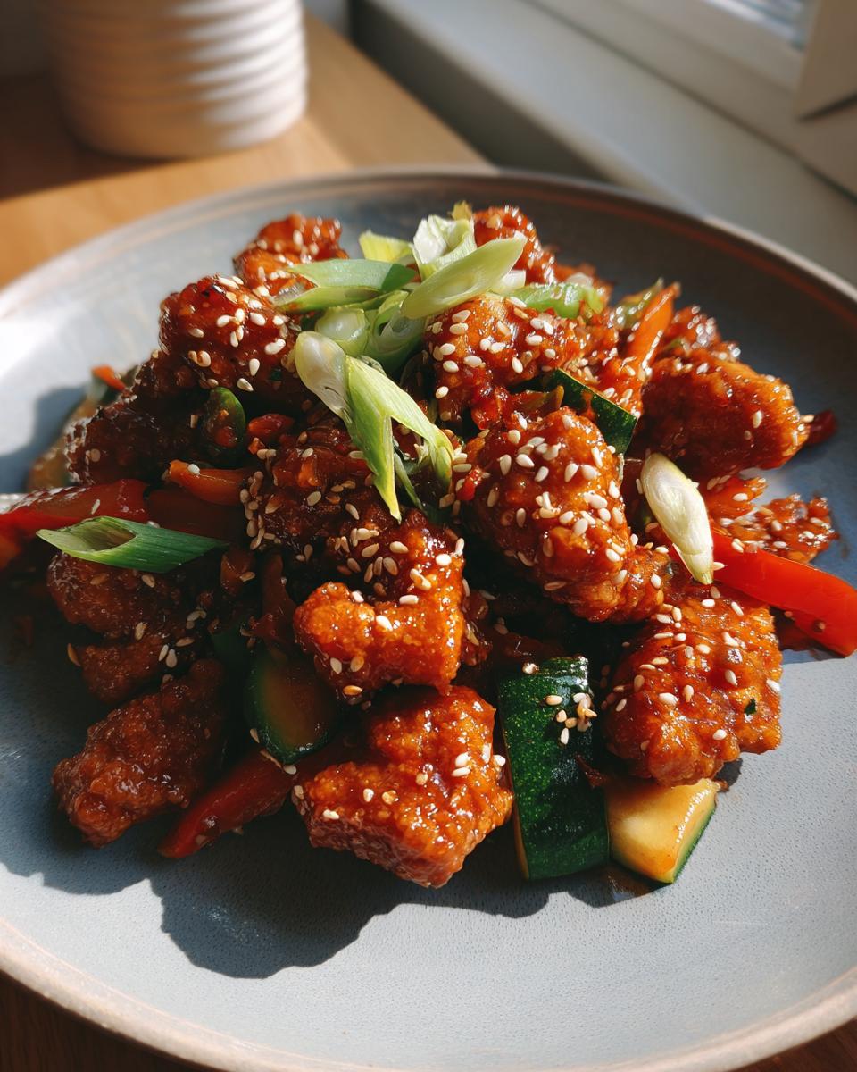 Close-up of sesame chicken with zucchini and peppers, a delicious low carb dinner ideas option.