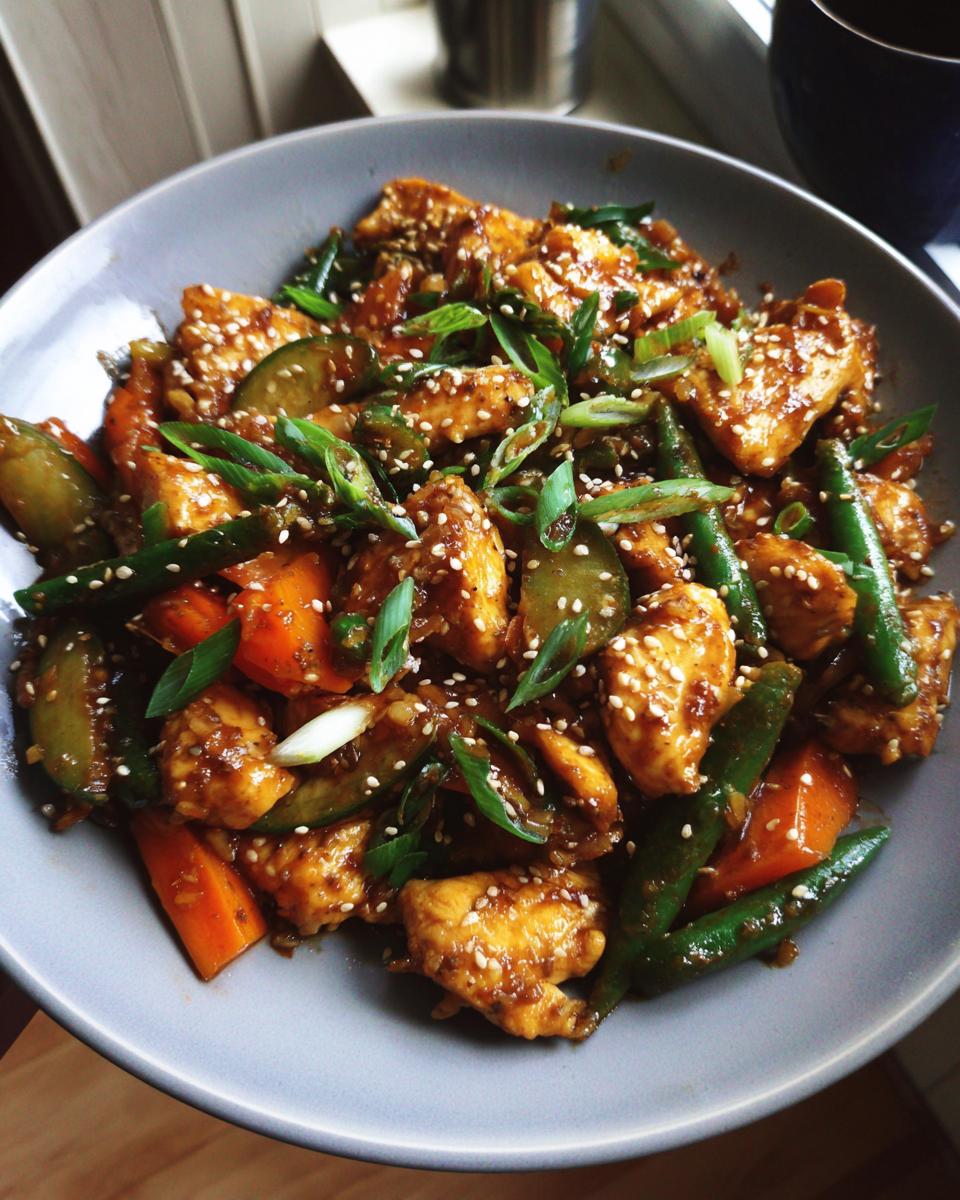Close-up of sesame chicken stir-fry with green beans, carrots, and zucchini. One of many delicious low carb dinner ideas.