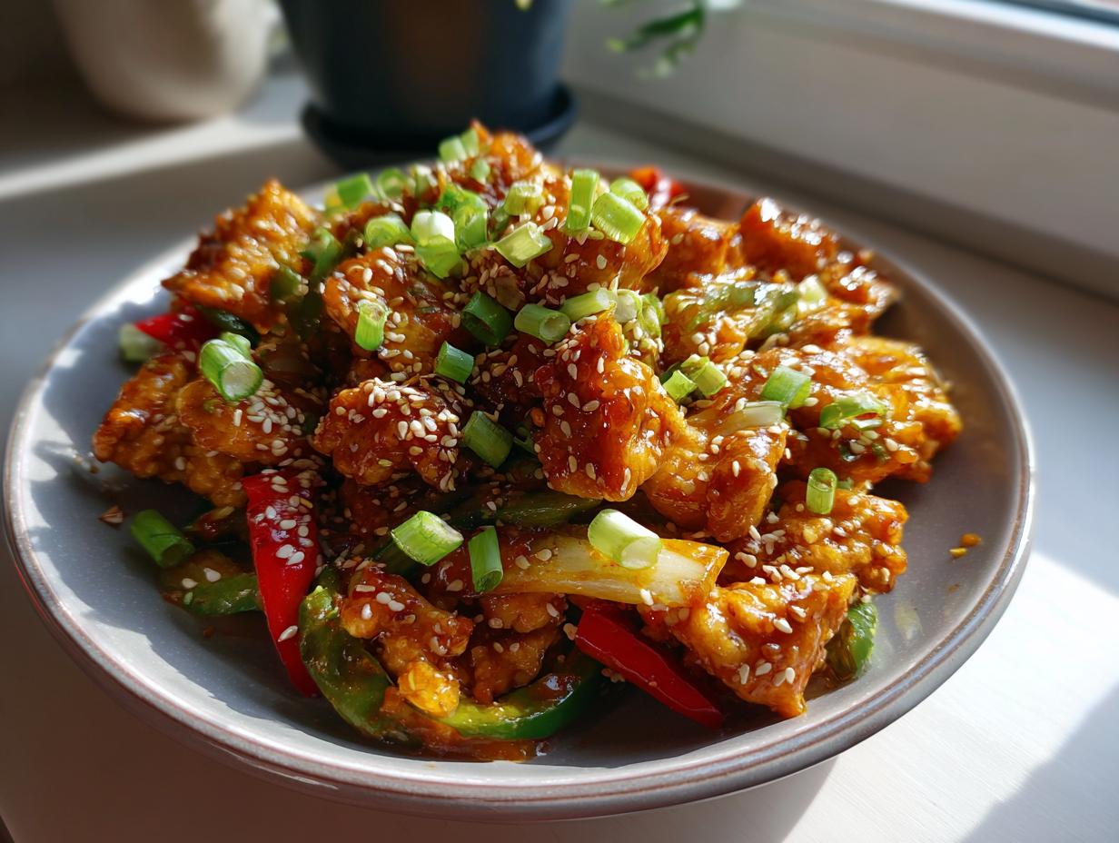 Delicious sesame chicken with peppers and scallions, a great low carb dinner ideas option.