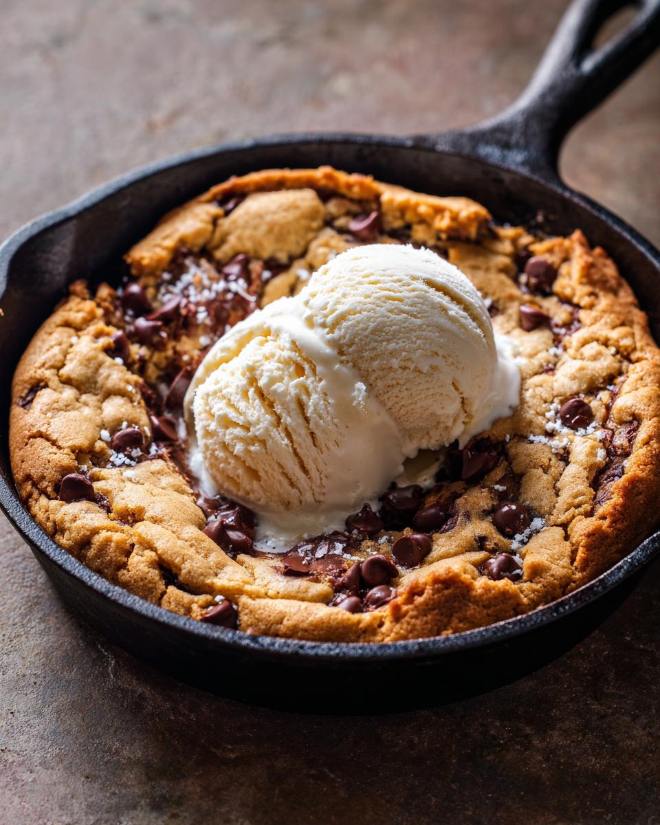 A warm skillet cookie topped with vanilla ice cream and chocolate chips, a delicious Breakfast Ideas option.
