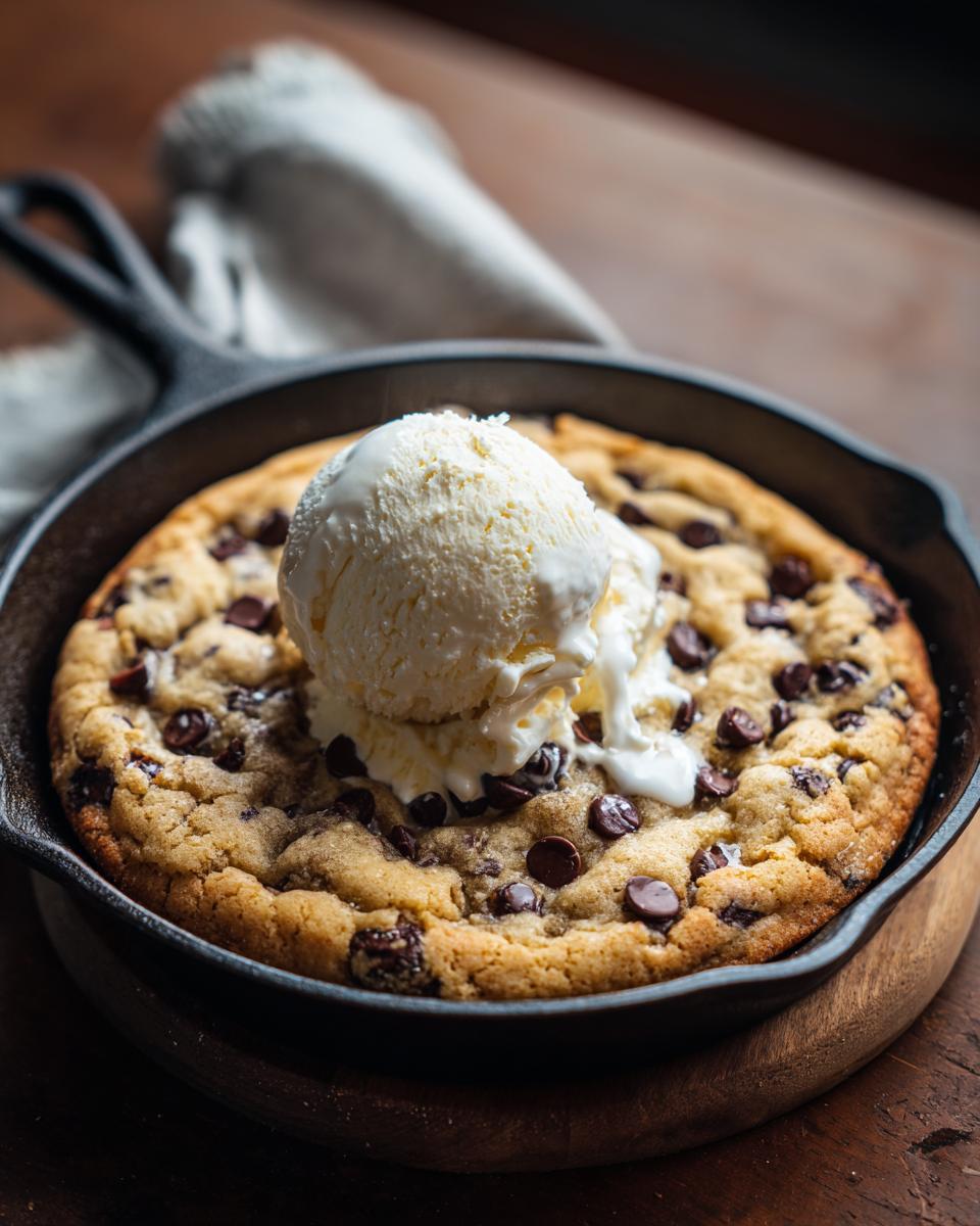 Skillet chocolate chip cookie topped with a scoop of vanilla ice cream, a sweet breakfast ideas treat.
