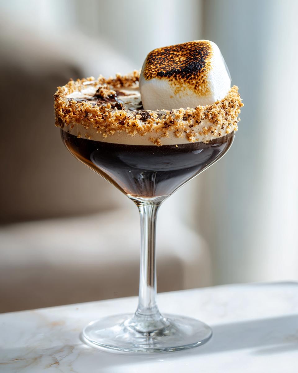A delicious S’mores Espresso Martini in a coupe glass, garnished with toasted marshmallow and graham cracker rim.