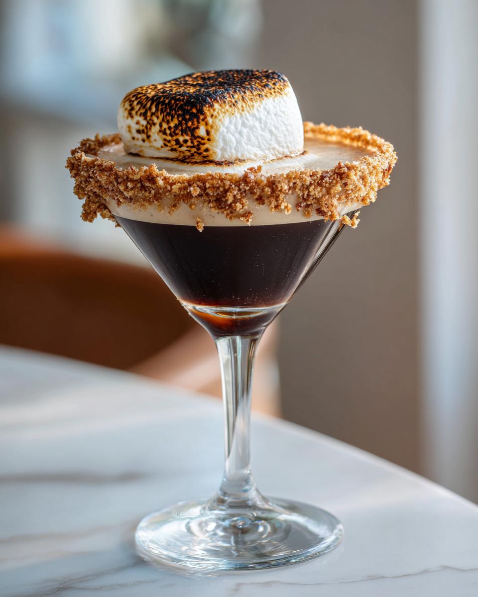 A S’mores Espresso Martini in a martini glass, garnished with a toasted marshmallow and graham cracker rim.
