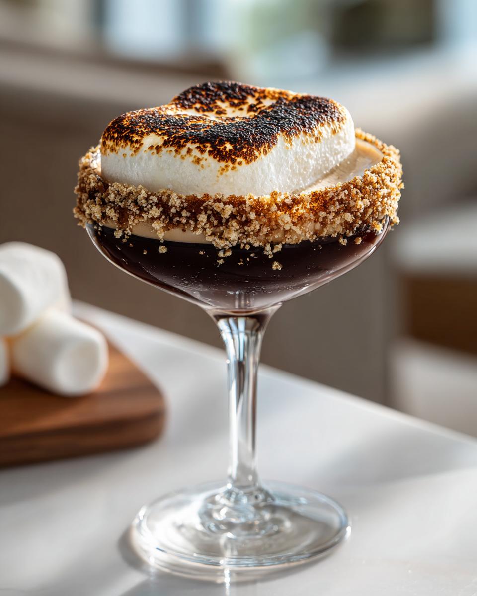 A S’mores Espresso Martini in a stemmed glass, garnished with toasted marshmallow and graham cracker rim.