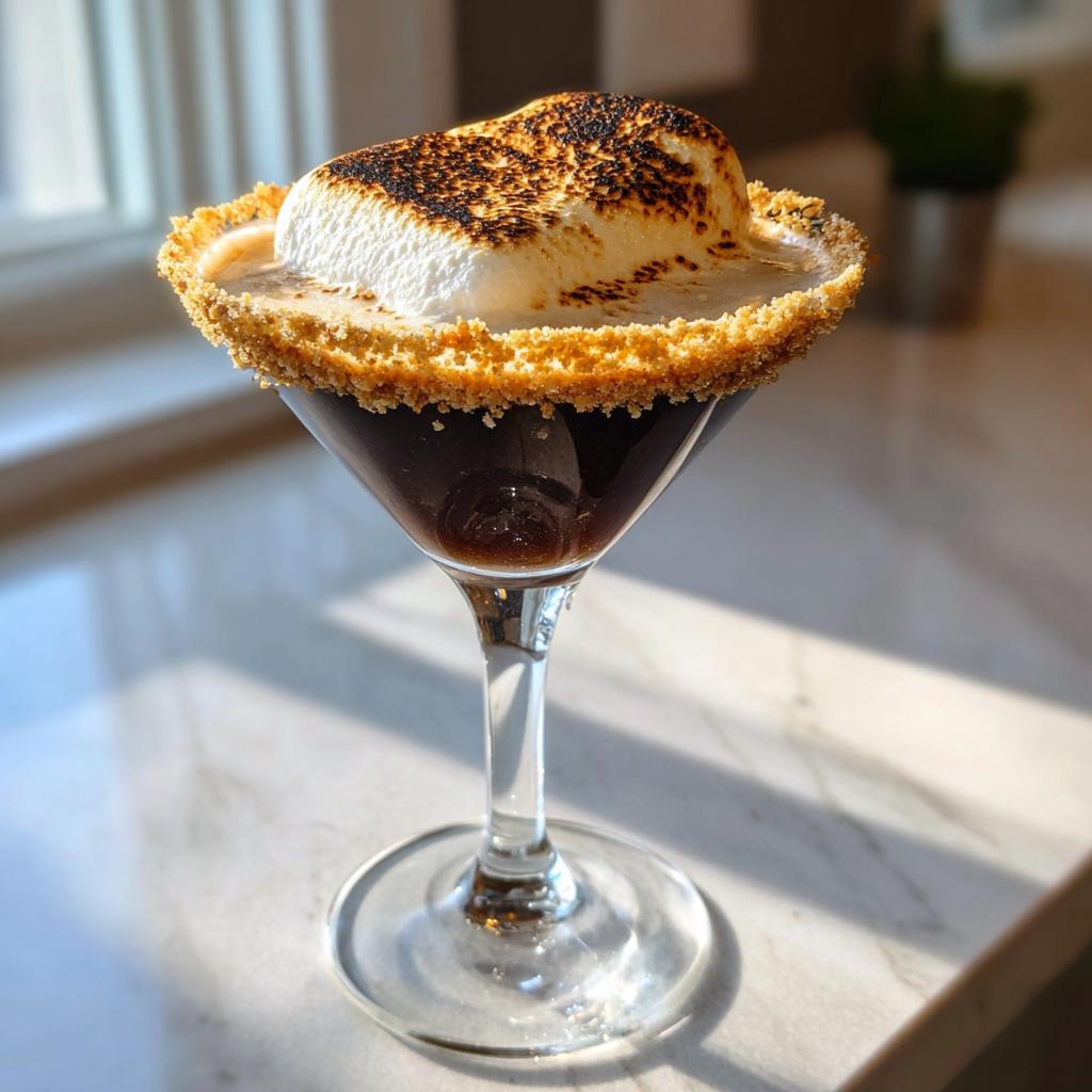 A S’mores Espresso Martini in a graham cracker rimmed glass, topped with a toasted marshmallow.