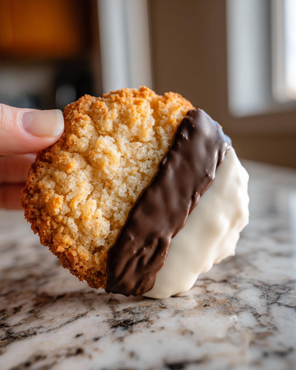 A close-up of a Snoopy black and white cookie, showing the chocolate and vanilla icing.