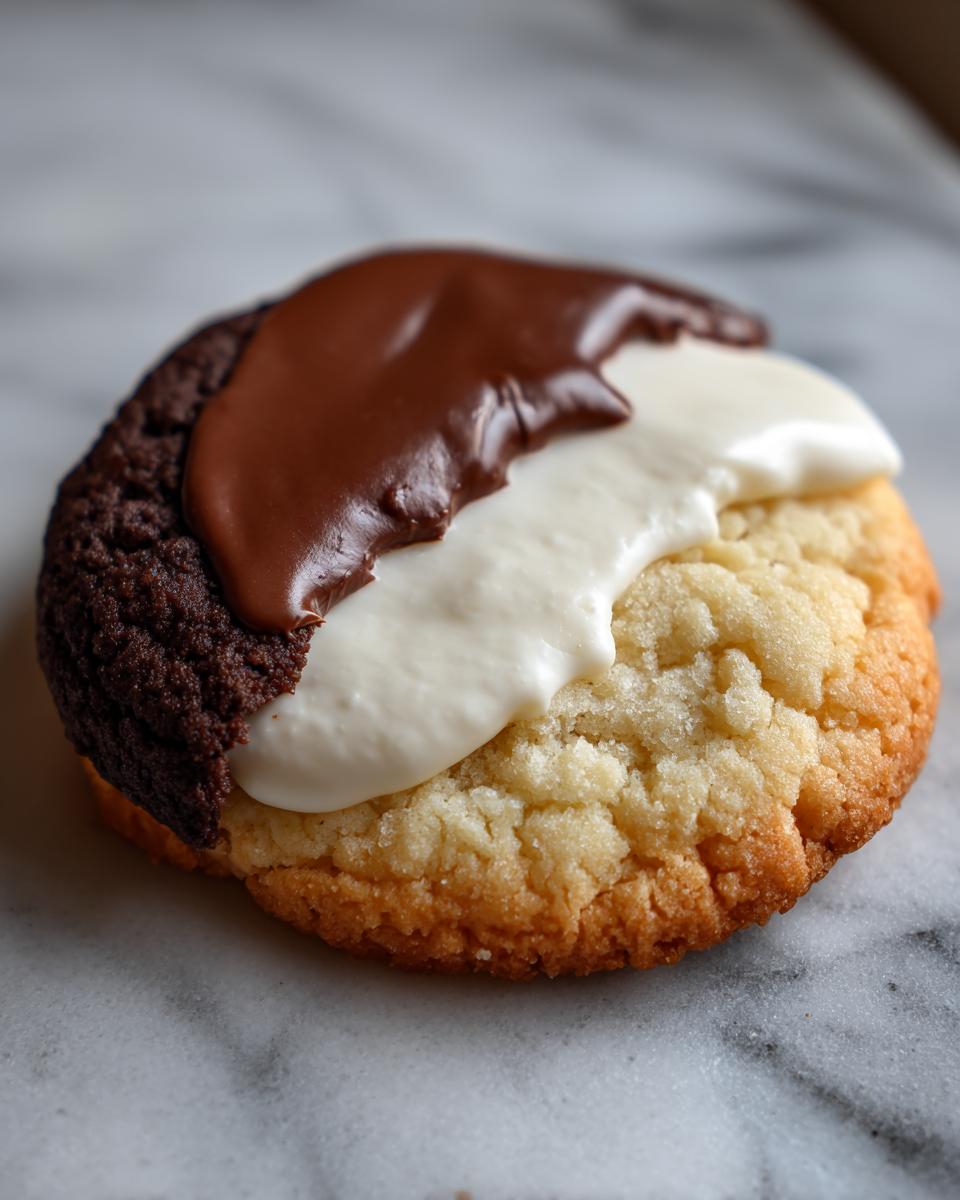 Close-up of a Snoopy black and white cookie with chocolate and vanilla icing on a marble surface.