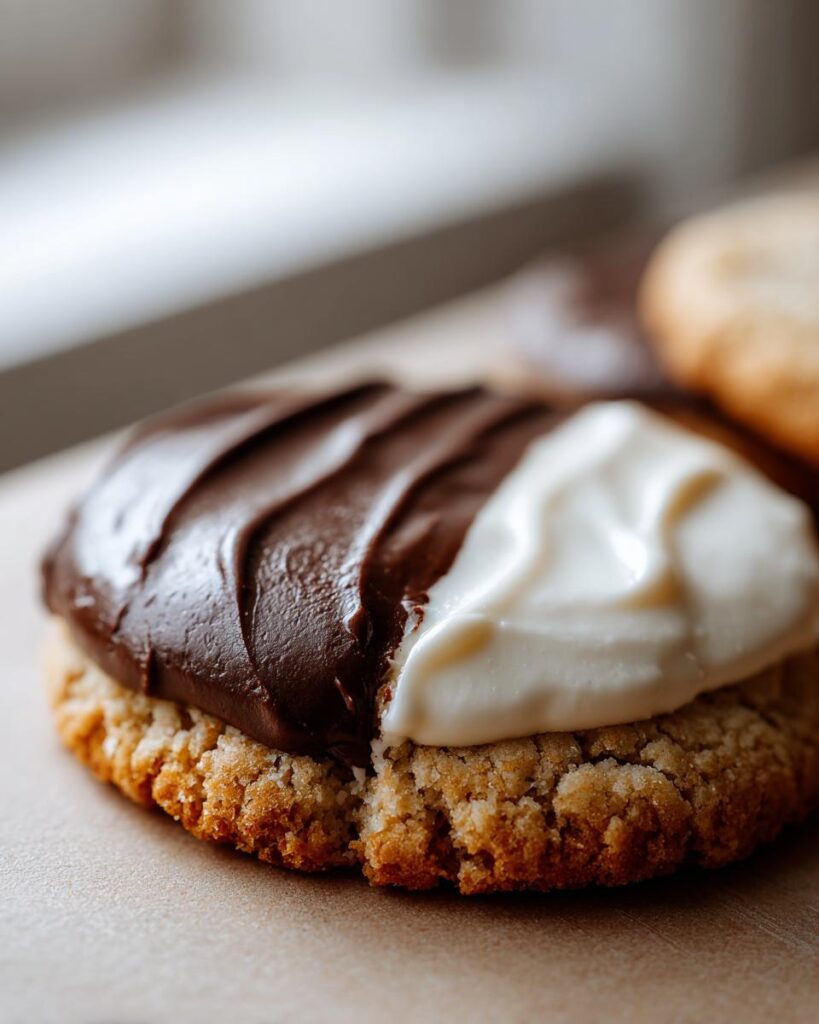 A close-up of a Snoopy black and white cookie, showing the distinct chocolate and vanilla icing.