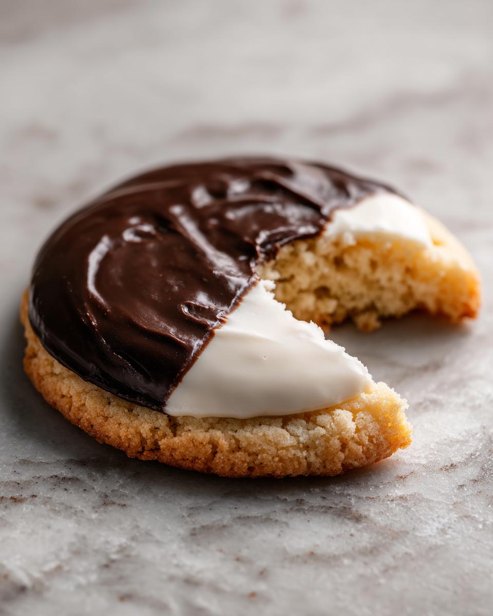 Close-up of a Snoopy black and white cookie with a bite taken out, showing chocolate and vanilla icing.