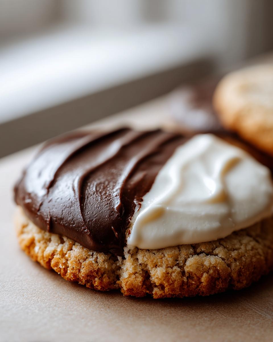 A close-up of a Snoopy black and white cookie, showing the distinct chocolate and vanilla icing.