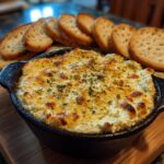 Baked Snoopy cheesecake dip in a cast iron skillet, served with toasted bread slices for dipping.