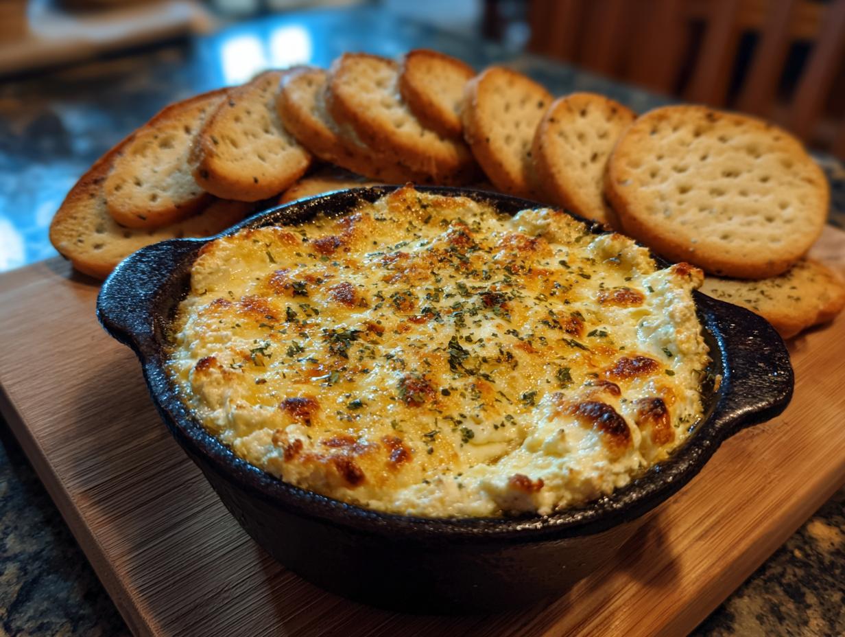 Baked Snoopy cheesecake dip in a cast iron skillet, served with toasted bread slices for dipping.
