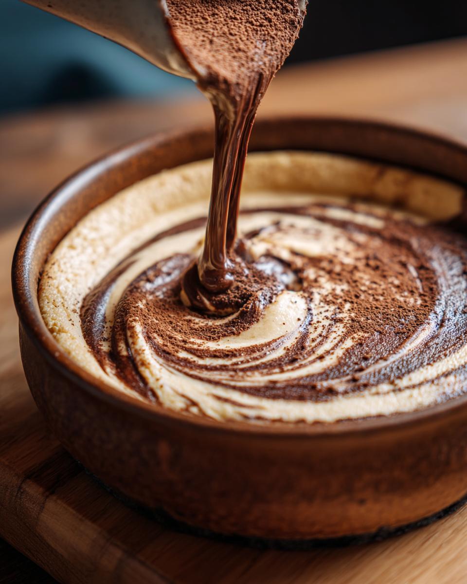 Chocolate being poured into a bowl of Snoopy cheesecake dip, creating a swirl pattern.