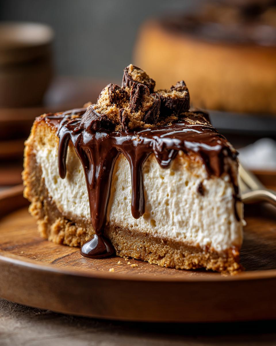 A decadent slice of Snoopy cheesecake dip with a graham cracker crust, creamy filling, and chocolate drizzle.