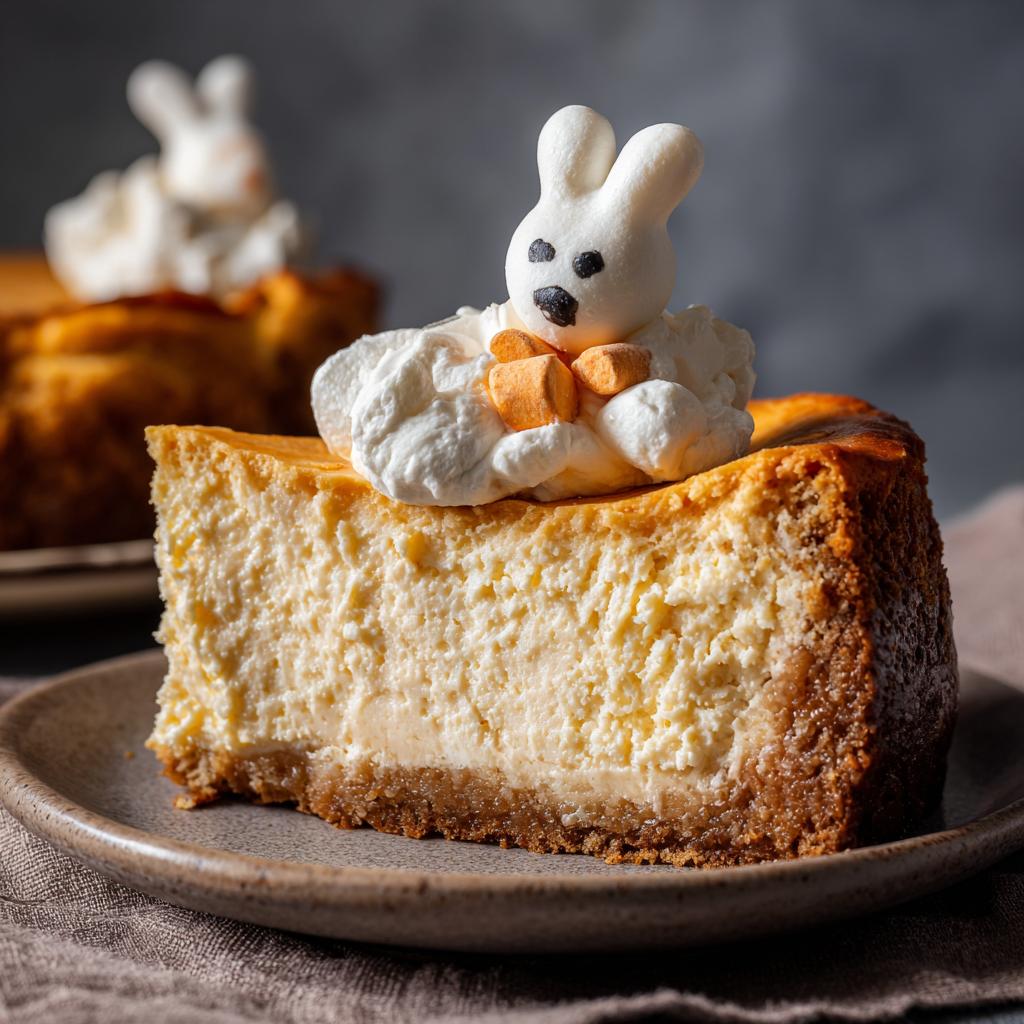 A slice of Snoopy cheesecake dip topped with a marshmallow bunny and whipped cream on a plate.