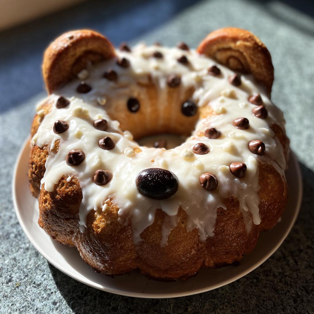 A finished Snoopy cinnamon roll wreath, decorated with white icing and chocolate chips on a white plate.