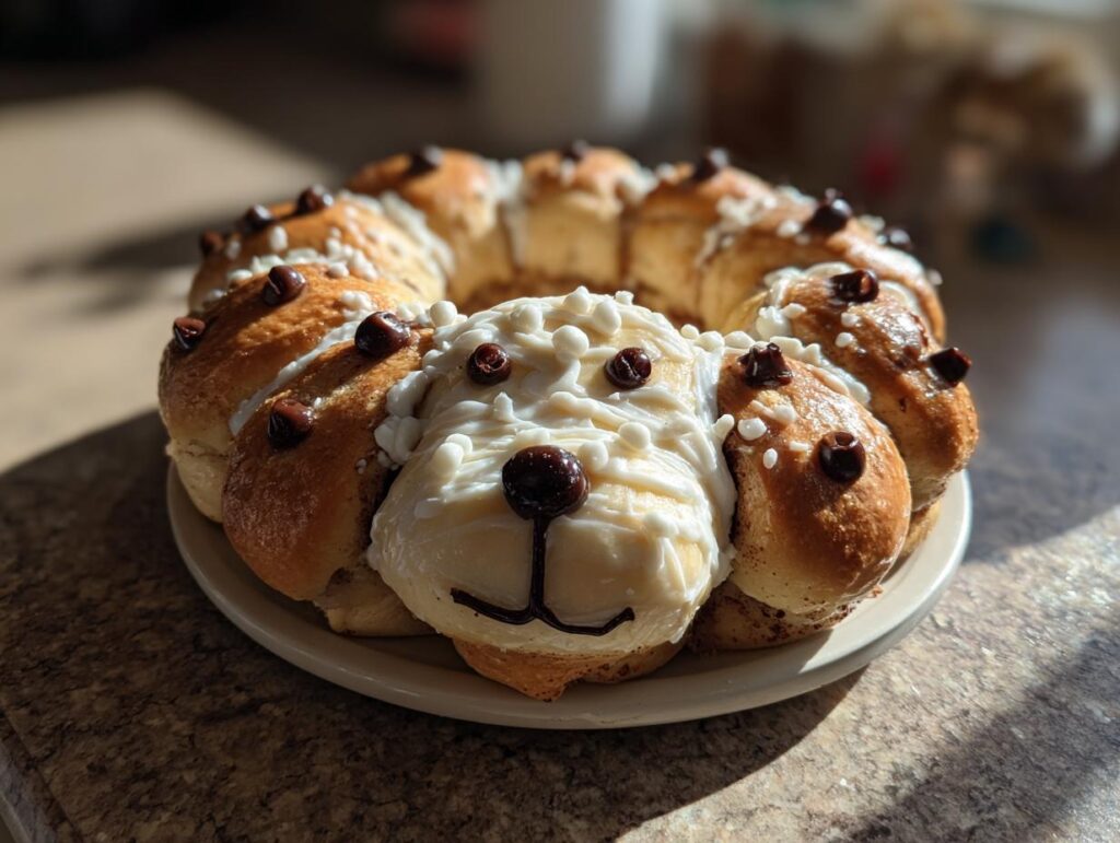 A delicious homemade Snoopy cinnamon roll wreath decorated with icing and chocolate chips.