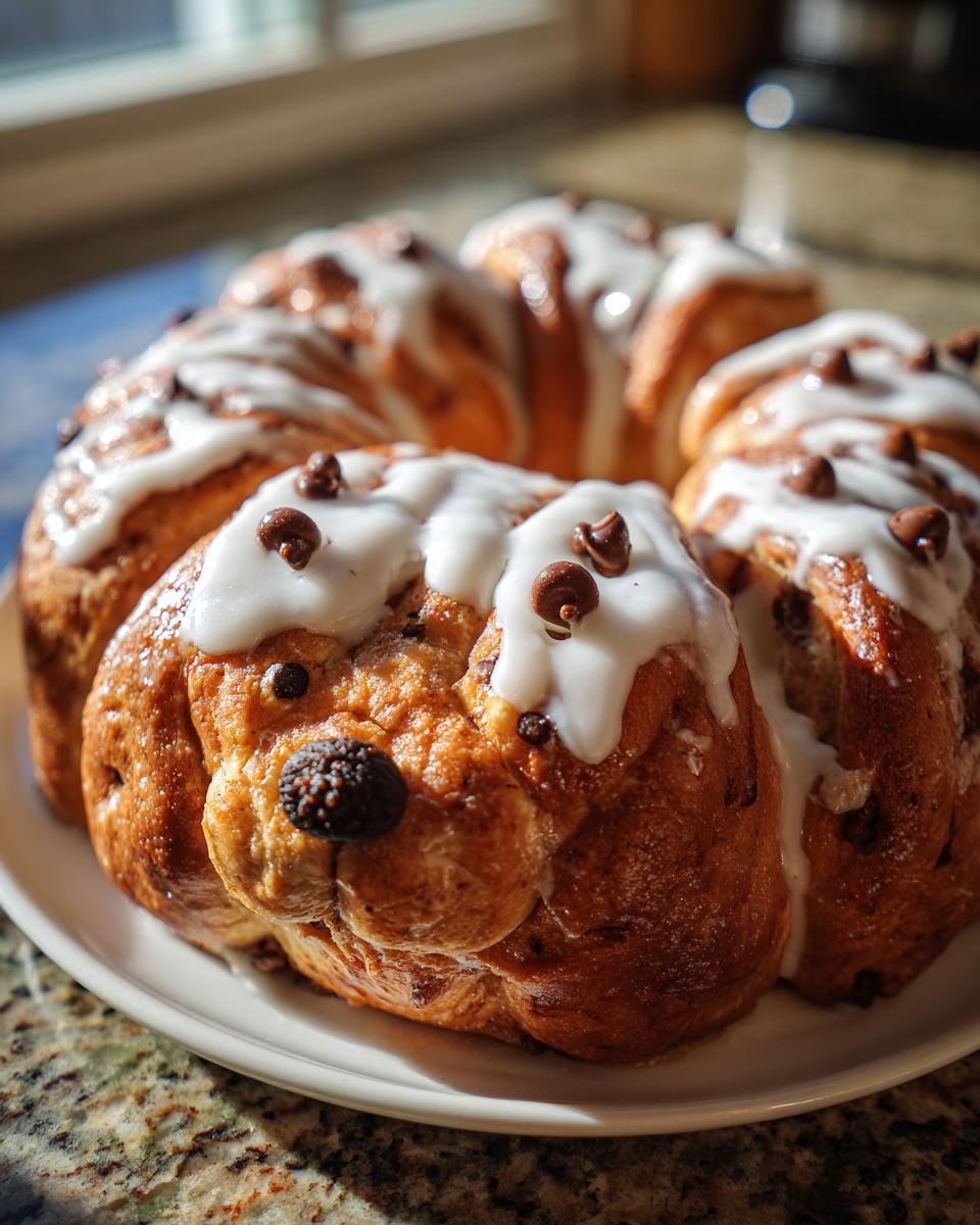 Close-up of a Snoopy cinnamon roll wreath with white icing and chocolate chips on a white plate.