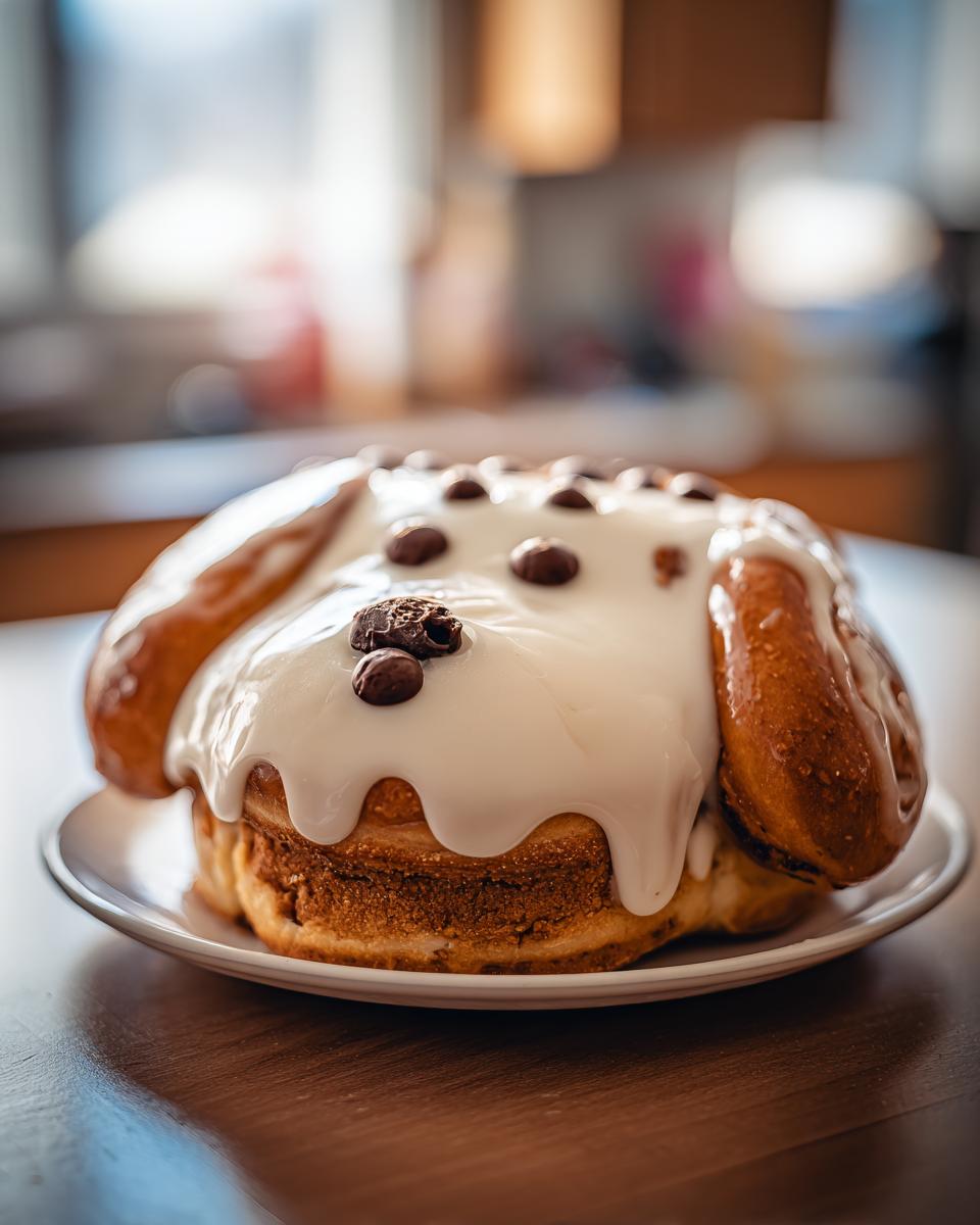 A Snoopy cinnamon roll wreath, decorated with white icing and chocolate chips, sits on a white plate.