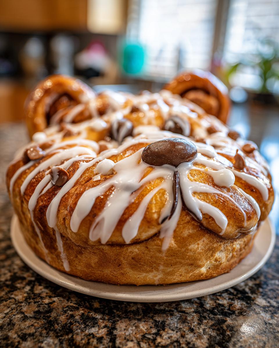 A delicious Snoopy cinnamon roll wreath with white icing, chocolate chips, and candy eyes.