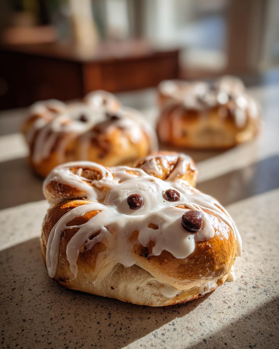 Close-up of a Snoopy cinnamon roll wreath with white icing and chocolate chip eyes, on a countertop.