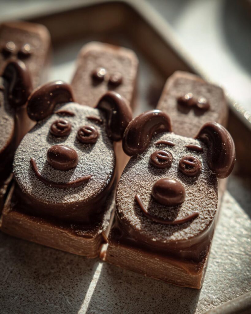 Close-up of homemade Snoopy hot chocolate spoons, featuring a cute Snoopy face design dusted with powder.