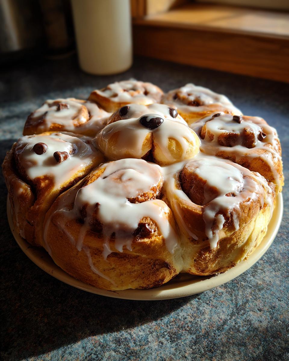 Cinnamon rolls decorated as Snoopy Hot Chocolate Spoons, with white icing and chocolate chips for the face details.