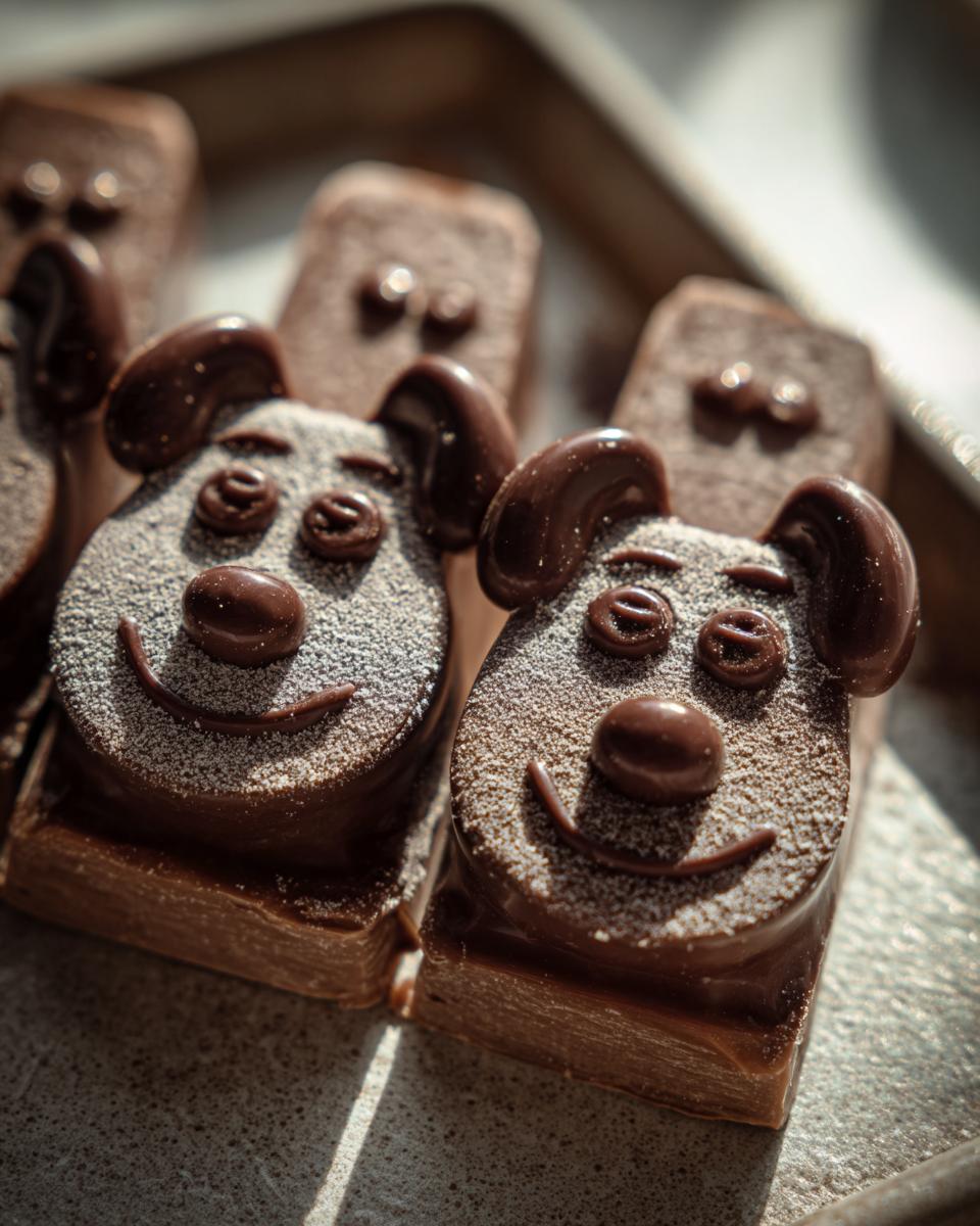 Close-up of homemade Snoopy hot chocolate spoons, featuring a cute Snoopy face design dusted with powder.