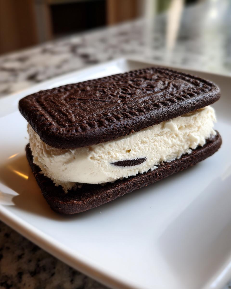 A delicious homemade Snoopy ice cream sandwich on a white plate, featuring chocolate wafers and creamy ice cream.