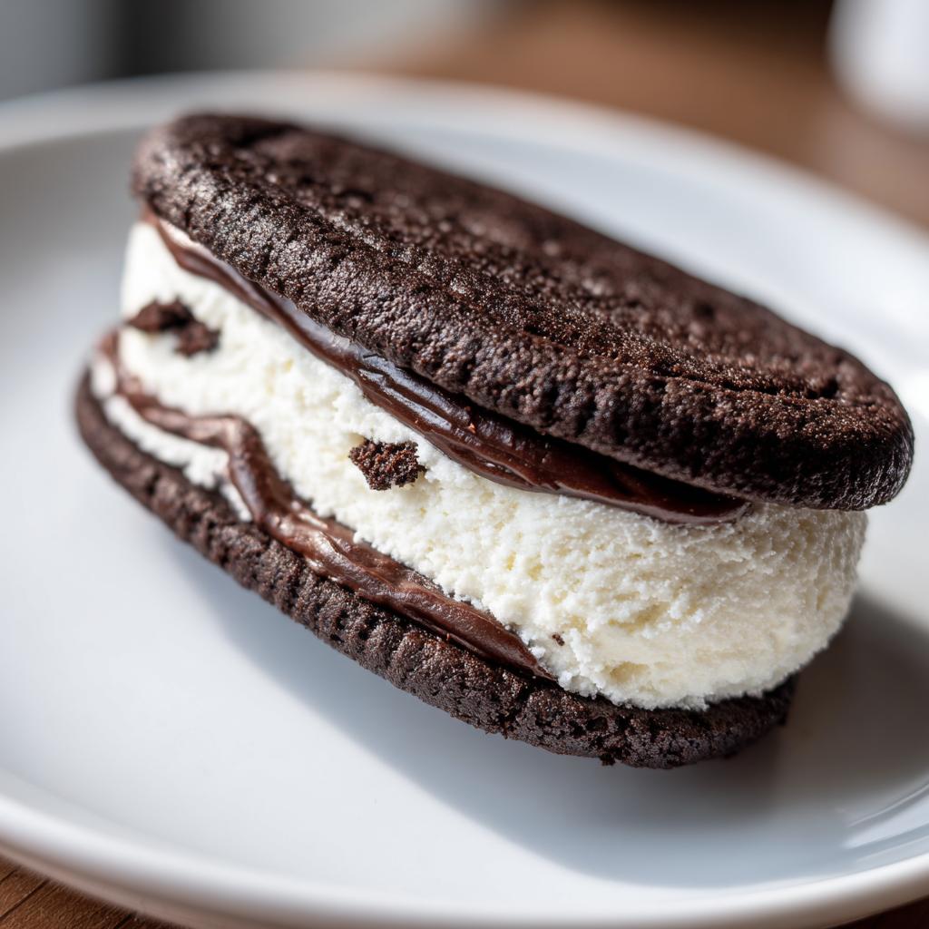 Close-up of a homemade snoopy ice cream sandwich with chocolate cookies and vanilla ice cream.