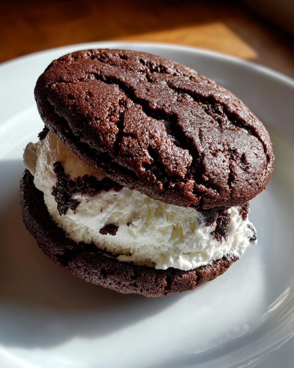 Close-up of a homemade Snoopy ice cream sandwich with chocolate cookies and vanilla ice cream filling.