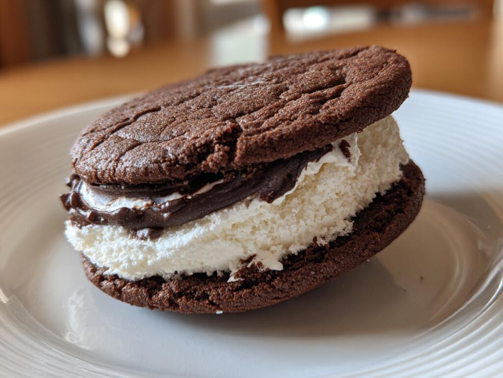 A delicious homemade Snoopy ice cream sandwich made with chocolate cookies and vanilla ice cream filling.