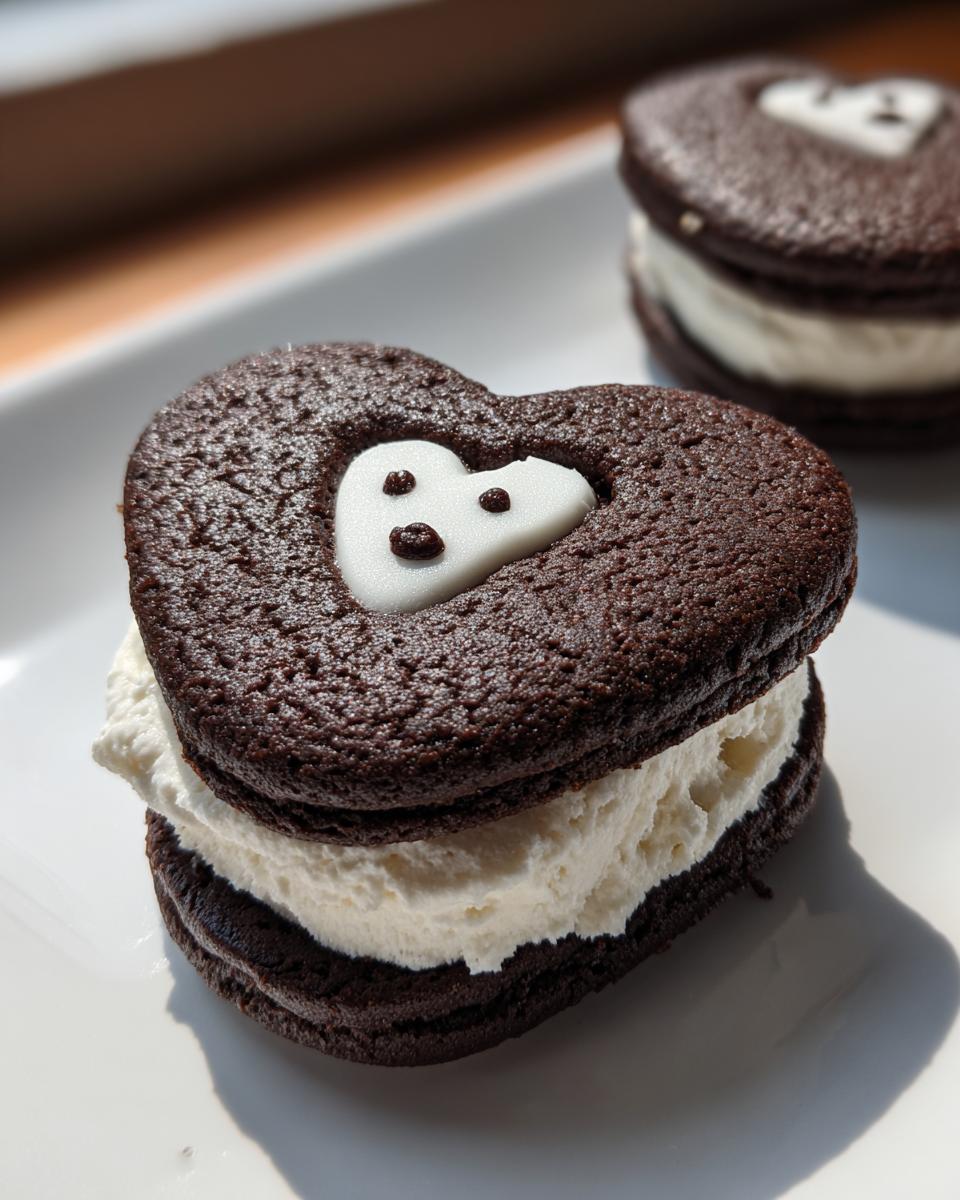Close-up of heart-shaped snoopy ice cream sandwiches with chocolate cookies and vanilla ice cream filling.